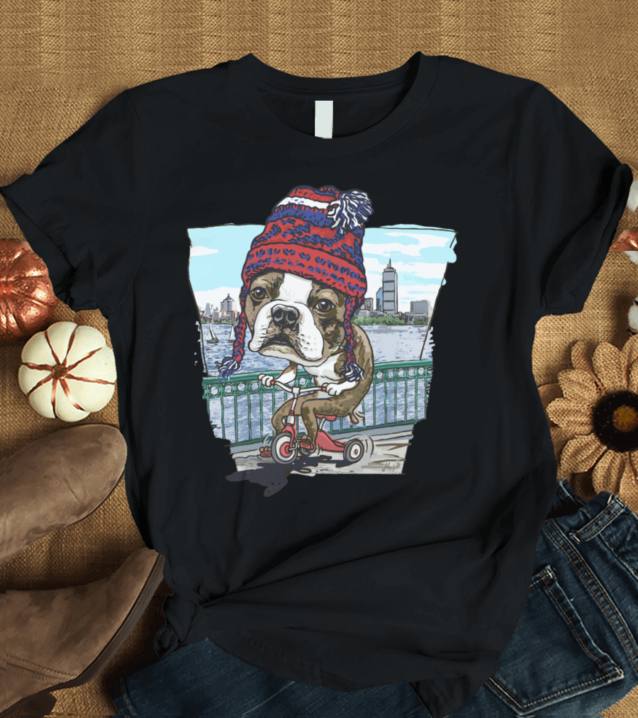 Boston Terrier in Red and Blue Hat Riding Tricycle by Boston Skyline T-Shirt