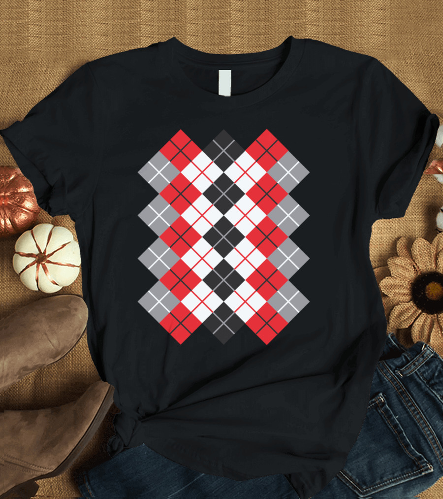 Argyle Red Black White Grey Diamond T-Shirt