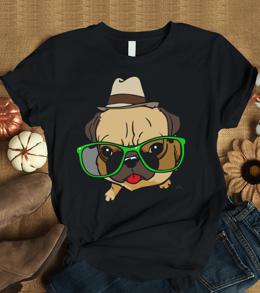 Cartoon Hipster Pug Dog with Green Glasses and Fedora T-Shirt