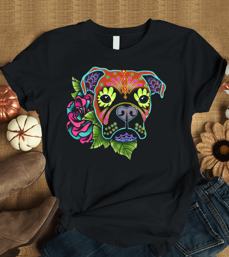 Boxer Dog Fawn Day Of The Dead Sugar Skull Floral T-Shirt