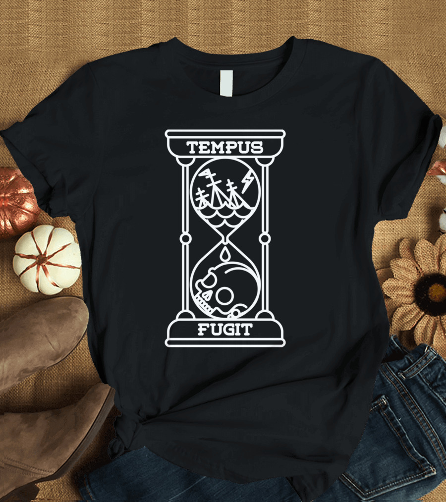 Tempus Fugit Hourglass Ship Skull T-Shirt