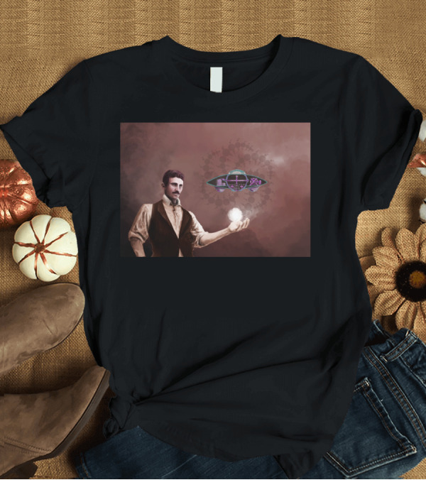 T-Shirt: Tesla Holding Light with Alien Spaceship in Background T-Shirt Tesla Holding Light with Alien Spaceship in Background T-Shirt
