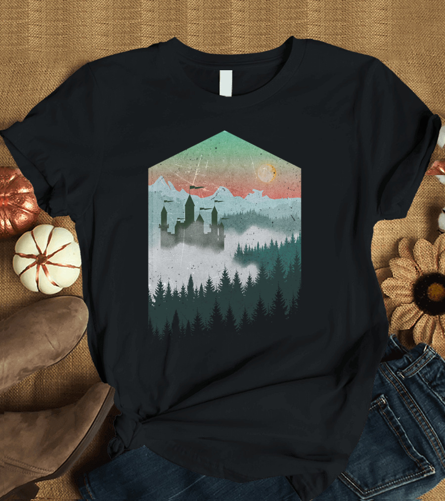 Faraway Land Mountain Castle Misty Forest Sunset T-Shirt