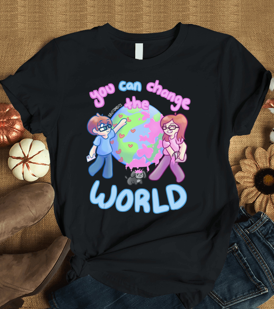 You Can Change the World Cute Cartoon Characters Painting Earth with Hearts T-Shirt