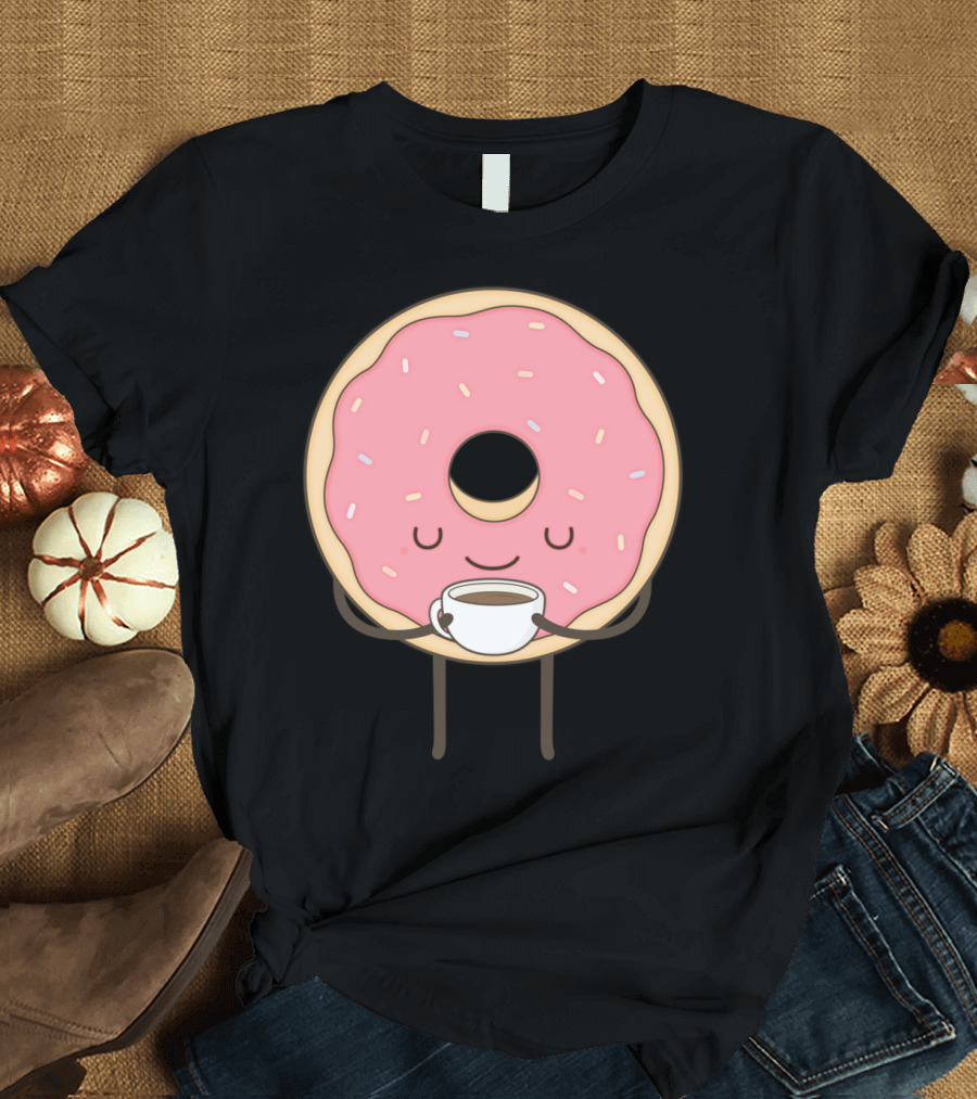 Donut Holding Coffee Cup Smiling with Sprinkles T-Shirt