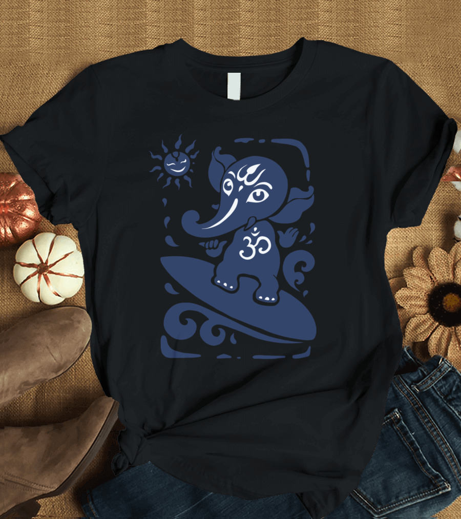 Ganesha Surfer Om Symbol Riding Wave with Sun T-Shirt