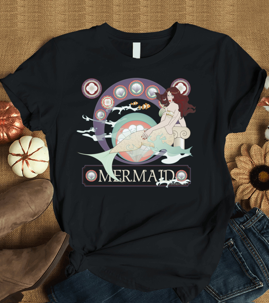 Mermaid Surrounded by Shell Circles and Fish T-Shirt
