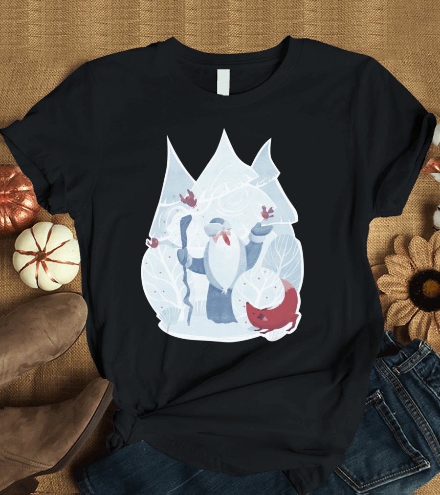 Father Frost Winter Scene with Fox and Birds T-Shirt