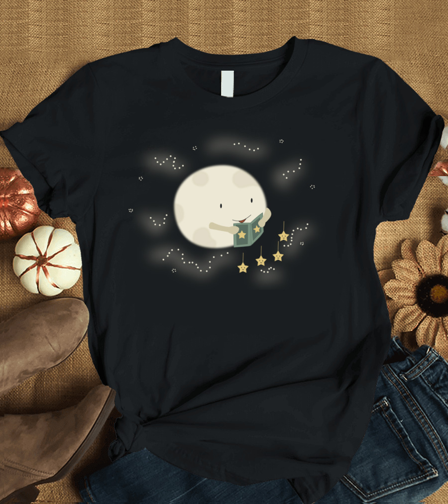 Moon Reading Stars and Book Under Night Sky T-Shirt
