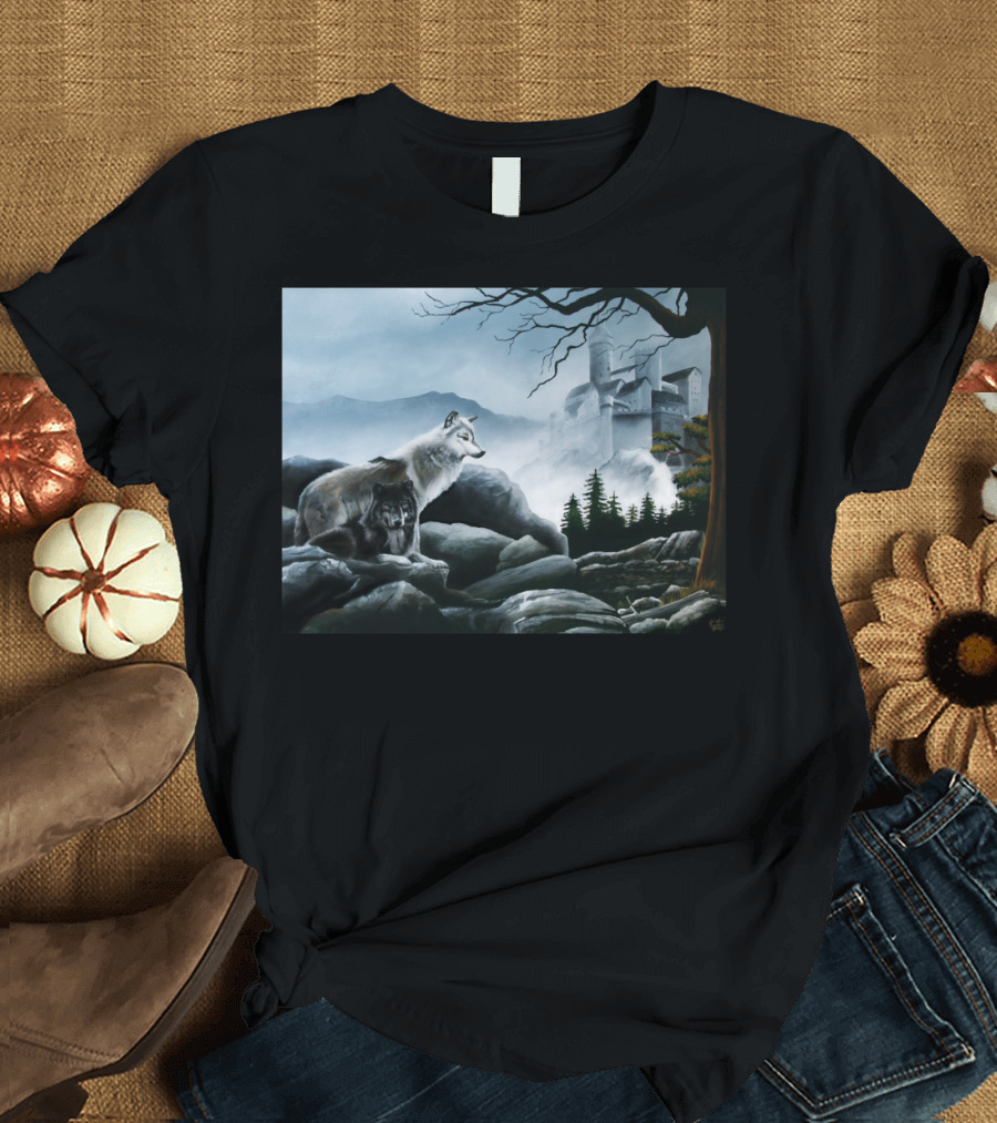 Castle Guards Wolf Duo in Misty Fortress Landscape T-Shirt