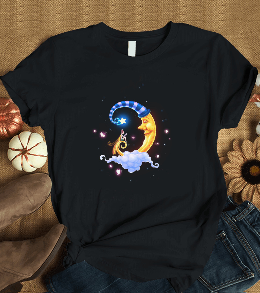 Whimsical Crescent Moon and Dreamy Storytime Scene with Fairy and Starry Night Motif T-Shirt
