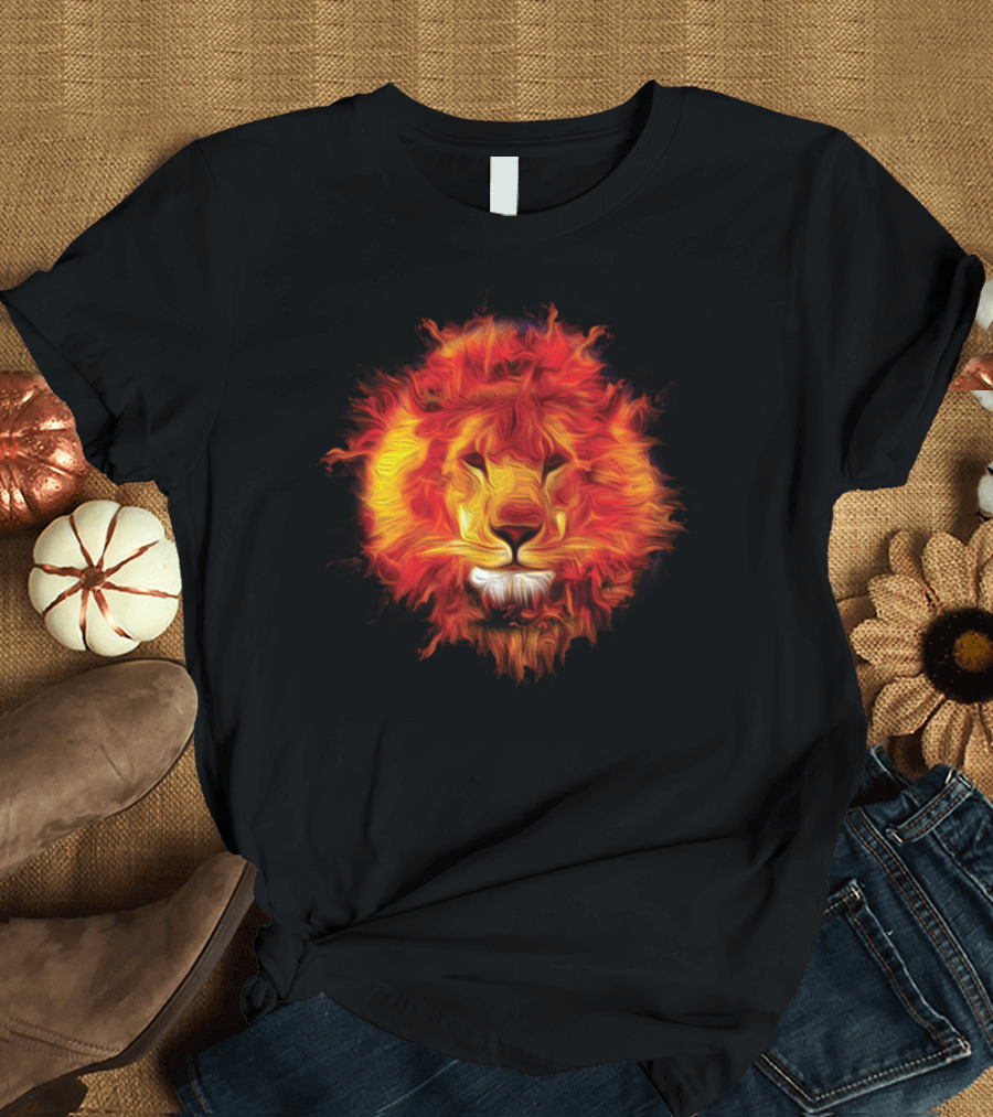 Fierce Lion Face Ablaze with Fiery Mane of Flame T-Shirt