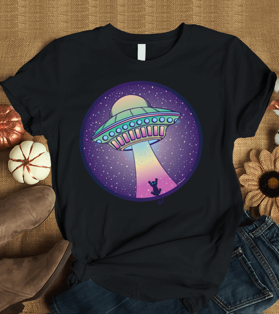 UFO Cat Abduction Under Starlit Sky T-Shirt
