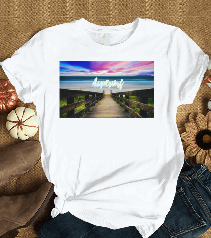 Dopesurf Beachview Vibrant Sunset Walkway Ocean Perspective T-Shirt