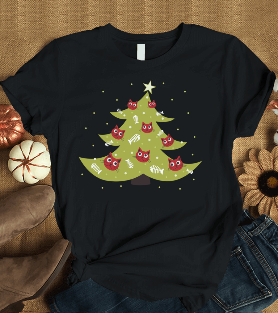 Cat Faces on Christmas Tree with Fish Bone Ornaments and Star Topper T-Shirt