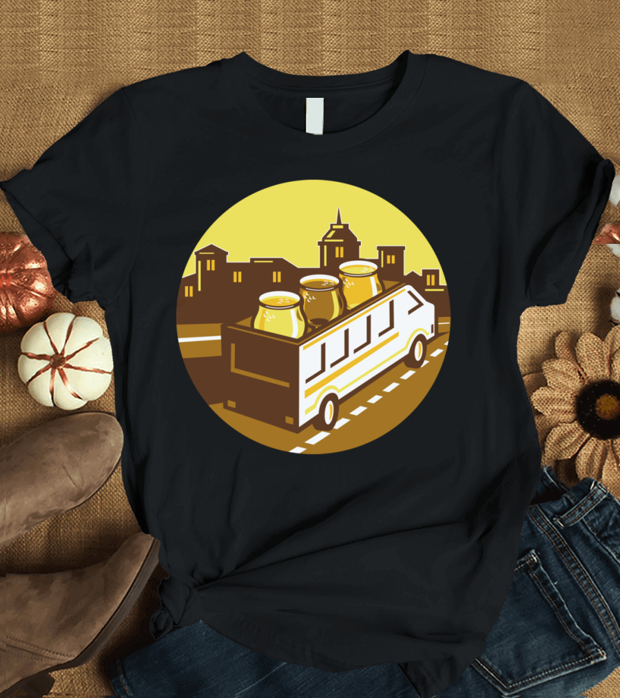 Beer Flight Glasses on Van with Cityscape Background T-Shirt