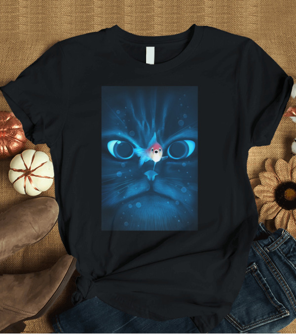T-Shirt: Cat Fish Face with Blue Glow and Curious Expression T-Shirt Cat Fish Face with Blue Glow and Curious Expression T-Shirt