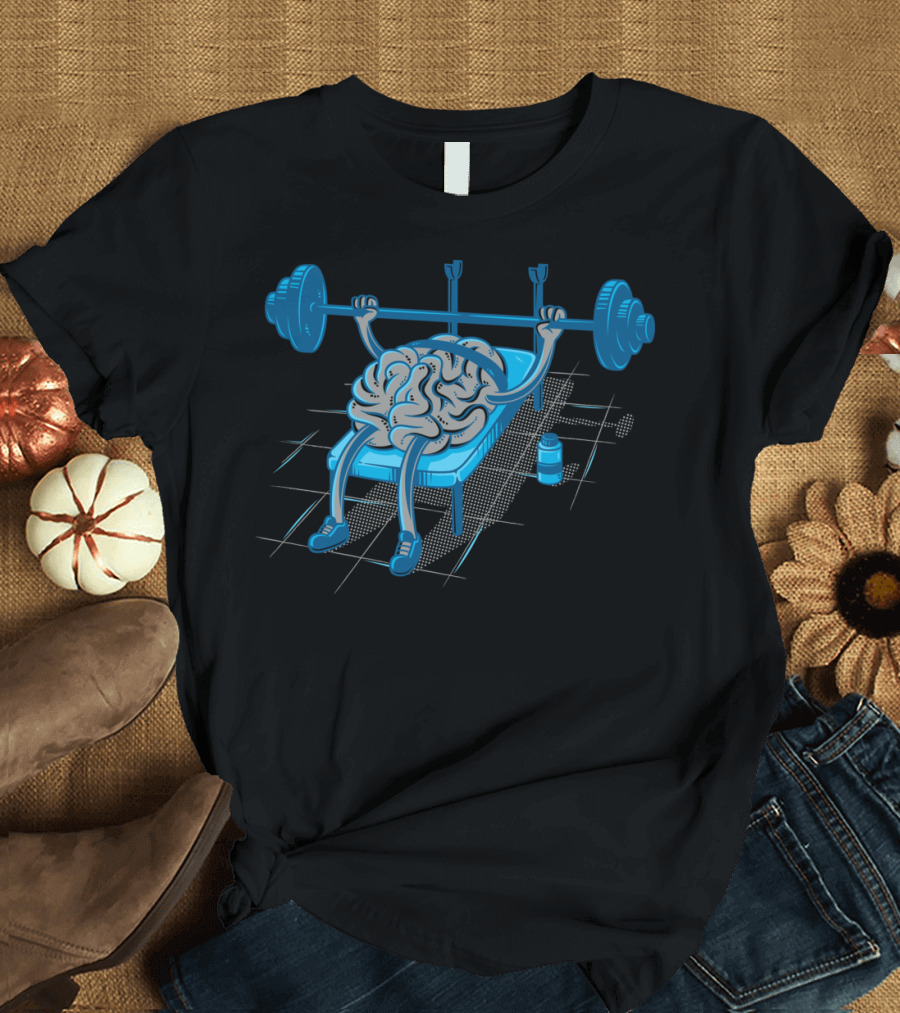 Brain Lifting Weights on Bench with Barbell T-Shirt