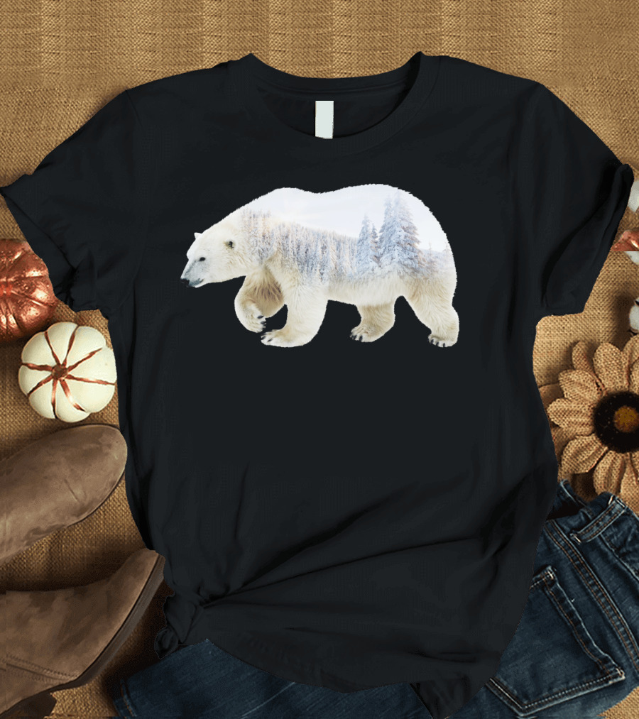 Double Exposure Polar Bear Winter Forest Scene T-Shirt