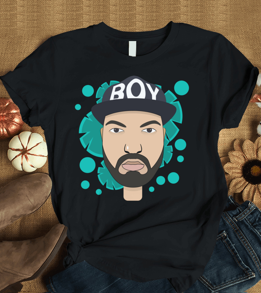 BOY Cap Graphic with Stylized Beard and Geometric Background T-Shirt