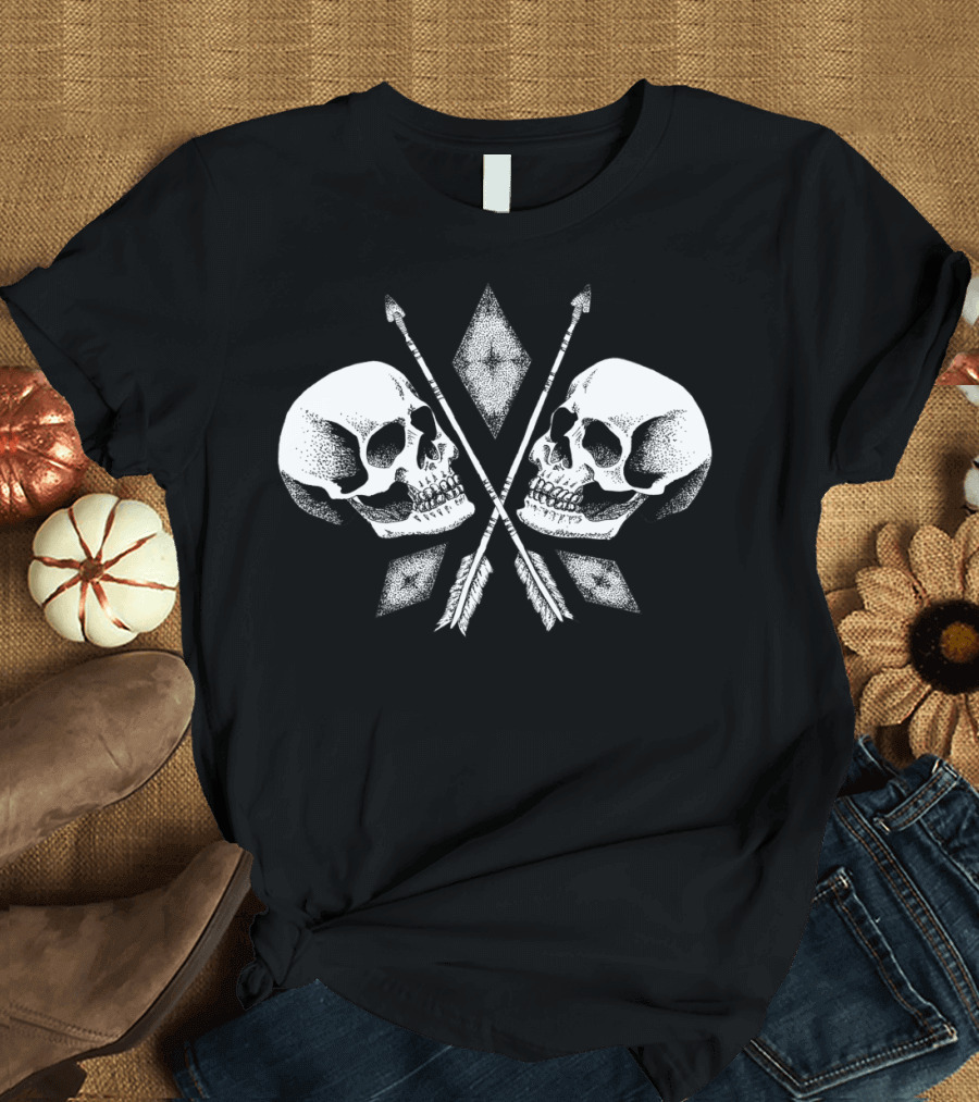 Double Skulls with Crossed Arrows and Diamond Symbols T-Shirt