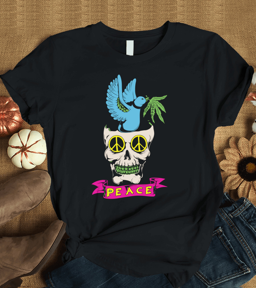 PEACE ELEMENTS Skull Dove Peace Sign Marijuana Leaf T-Shirt