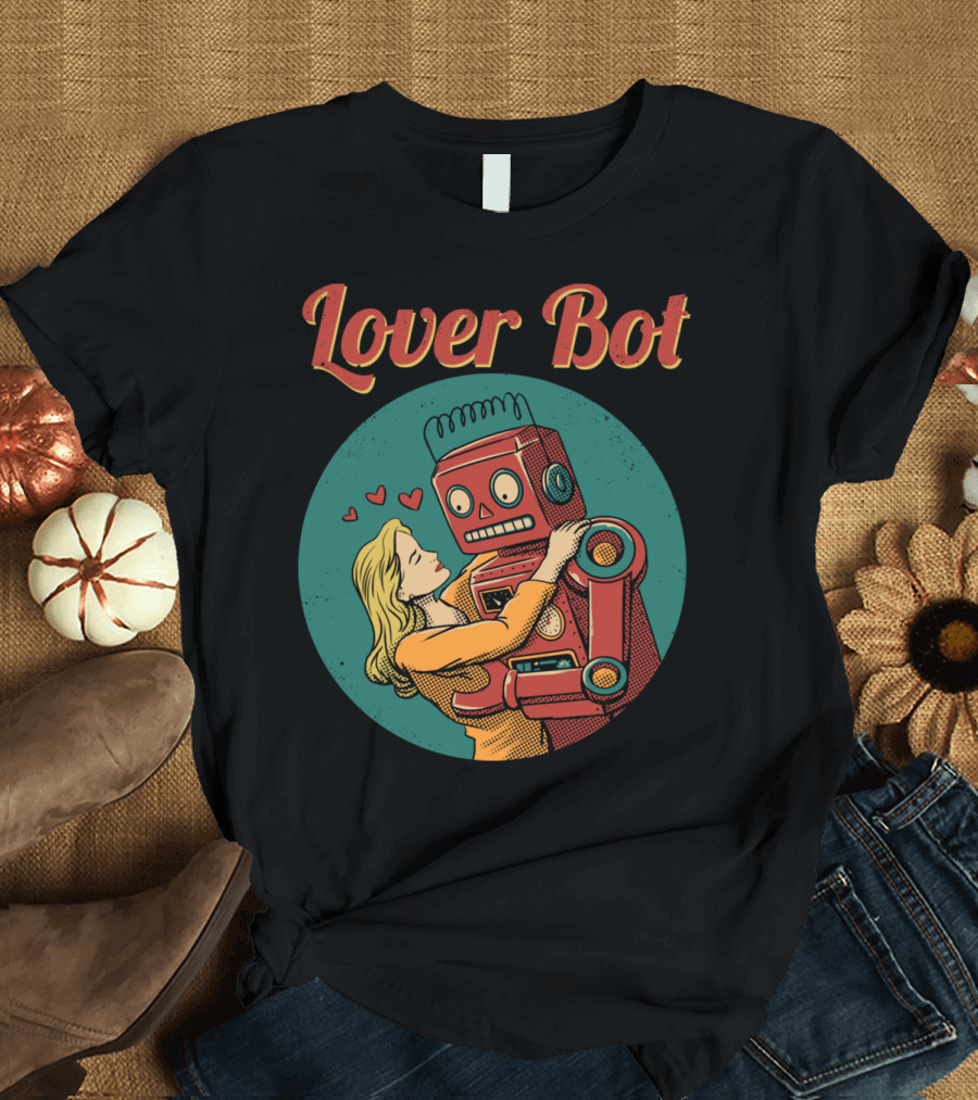 Lover Bot Embrace with Retro Robot and Hearts T-Shirt