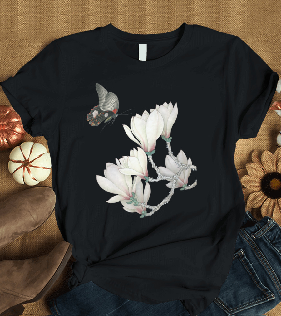 Butterfly Admiring White Magnolia Blossoms T-Shirt