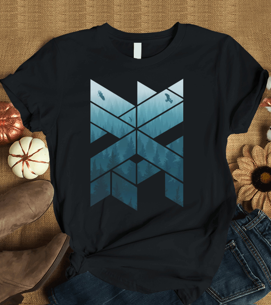 Geometric Misty Pine Forest Eagles Triangular Landscape T-Shirt