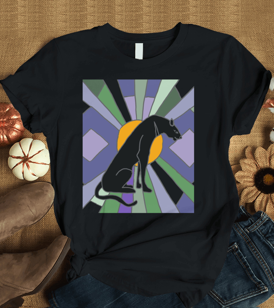 Artistic Panther Cat in Vibrant Art Deco T-Shirt