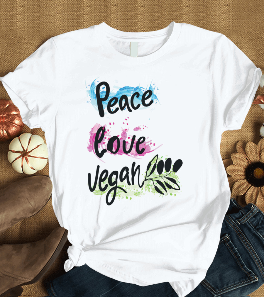 Peace Love Vegan Paint Stroke Leaf Olive T-Shirt