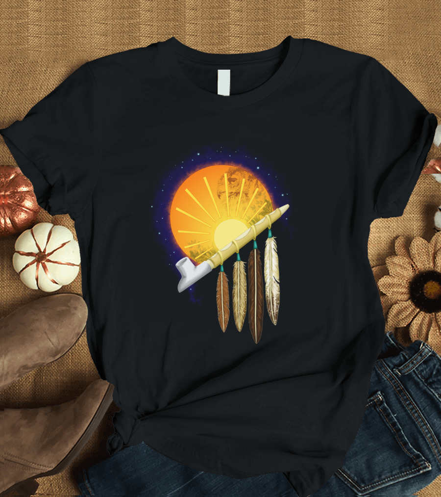 Sunset Pipe with Feathers and Cosmic Backdrop T-Shirt