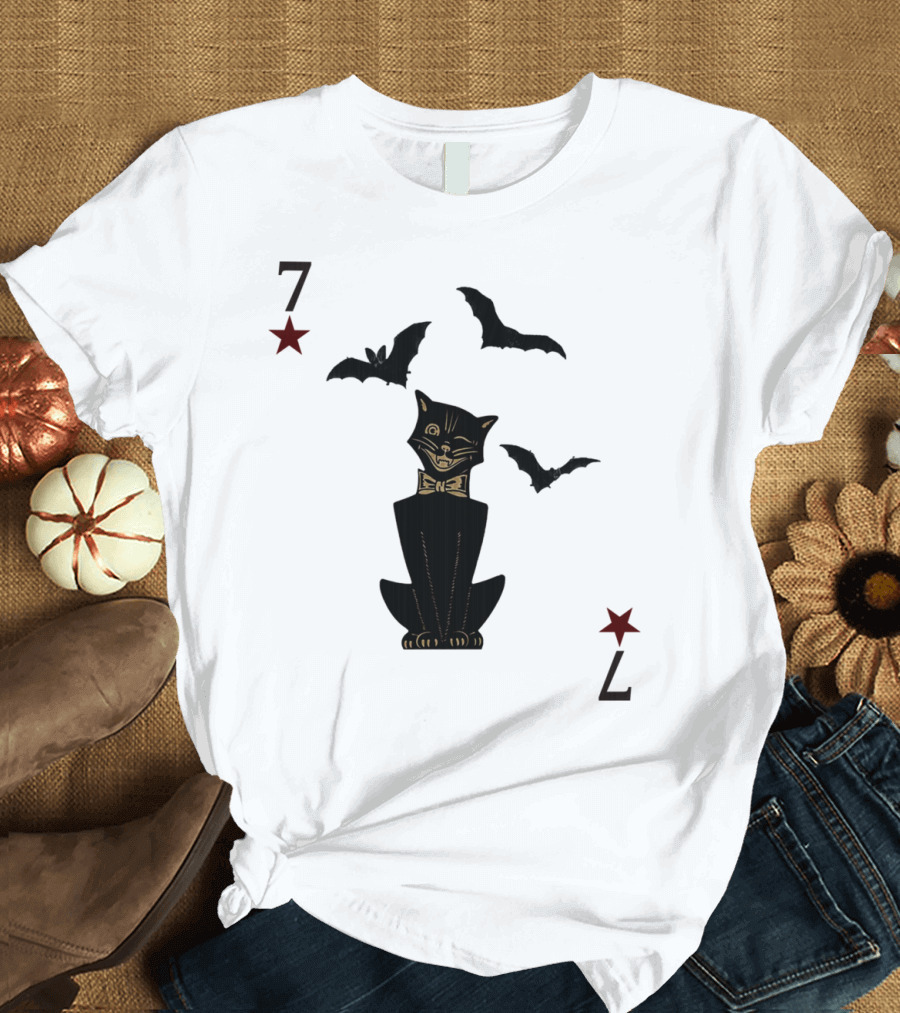 7 Cat Playing Card with Bats and Stars T-Shirt