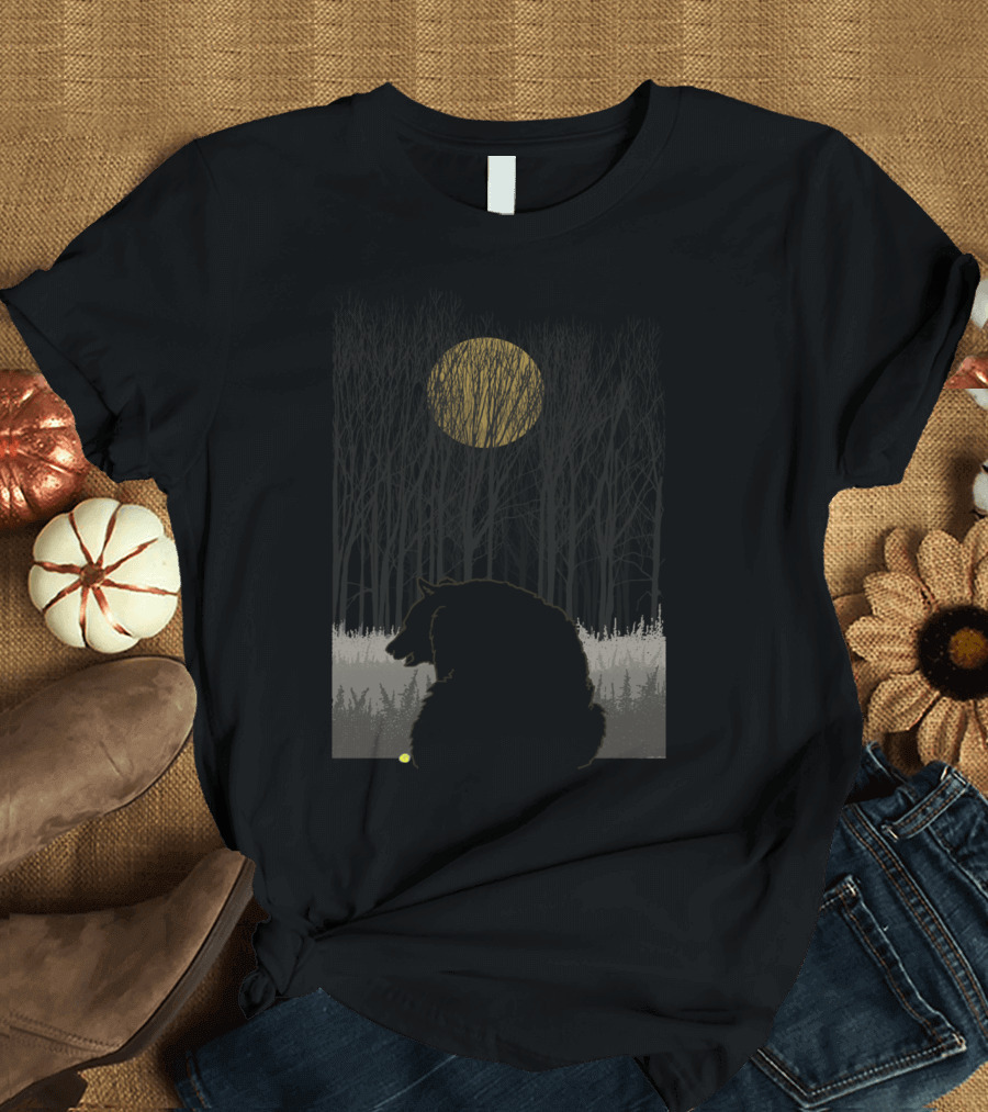 Black Bear Silhouette Under Northern Moon in Forest Scene T-Shirt