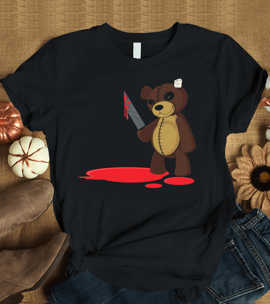 Psycho Bear Holding Bloody Knife with Stitched Ear T-Shirt