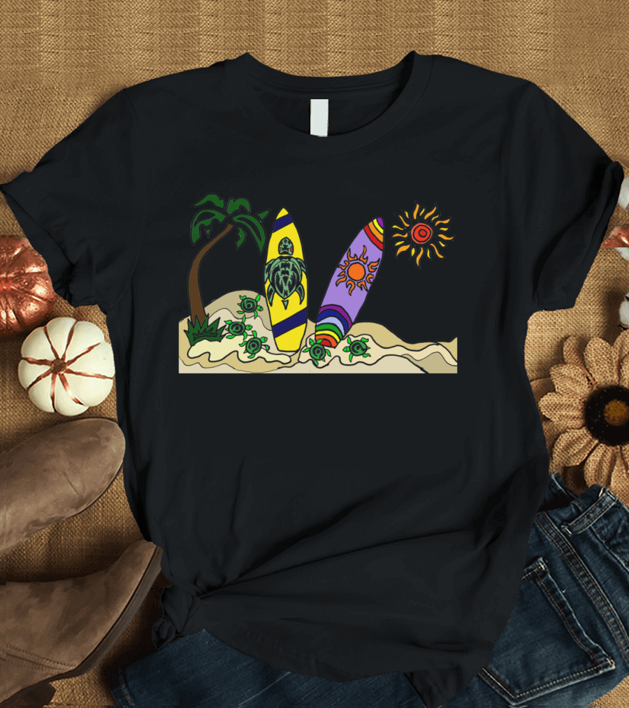 Turtle and Sun Decorated Skateboards with Palm Tree and Turtles on Sandy Beach T-Shirt