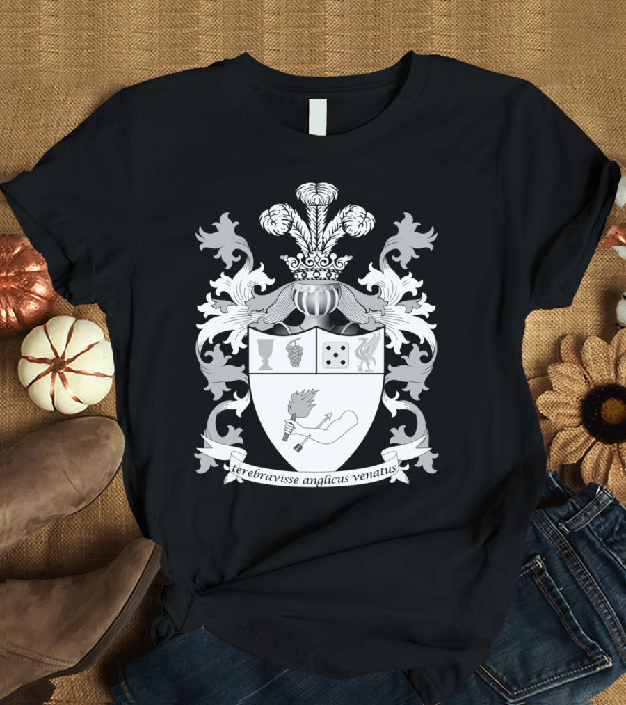 The Bored Brit Gamer Terebravisse Anglicus Venatus Coat Of Arms Dice Grail Torch Crest T-Shirt