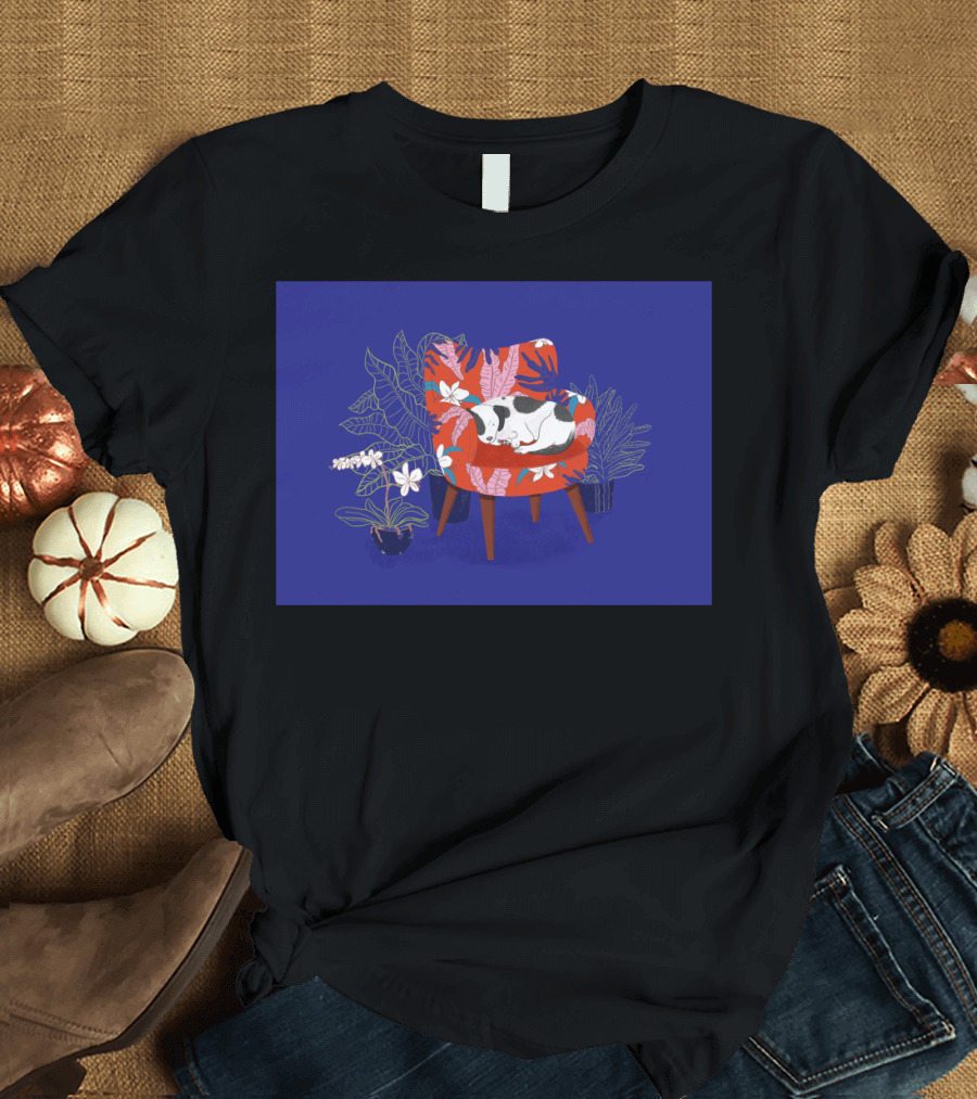 Sleeping Dog in Tropical Armchair Surrounded by Plants T-Shirt