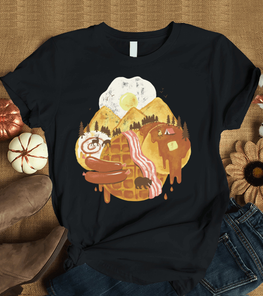 Waffle Pancake Mountains with Bacon Sunrise and Forest Scene T-Shirt