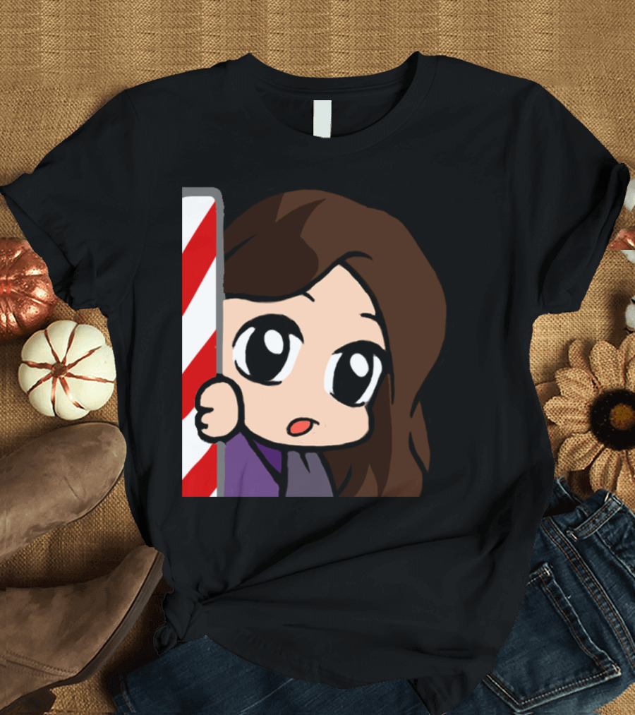 FhaeLurk Holiday Sticker Stick Kawaii Cute Character Behind Candy Cane T-Shirt