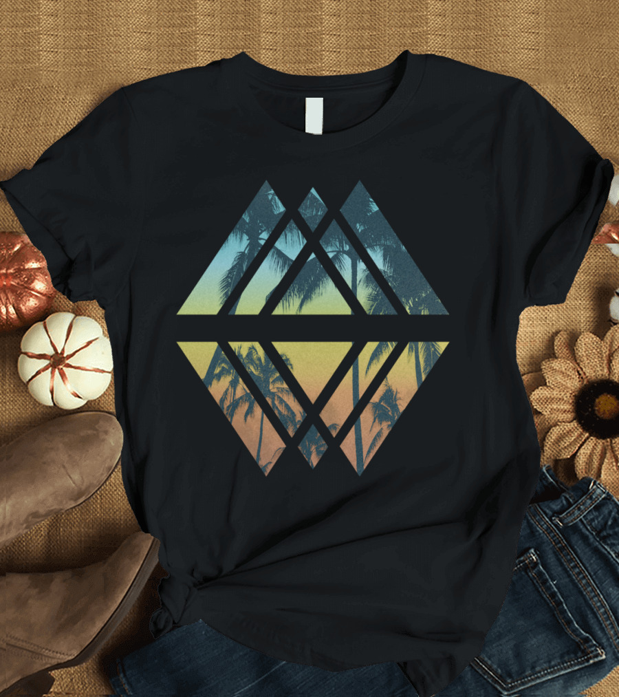 Geometric Tropical Beach Palm Sunset in Diamond Shapes T-Shirt