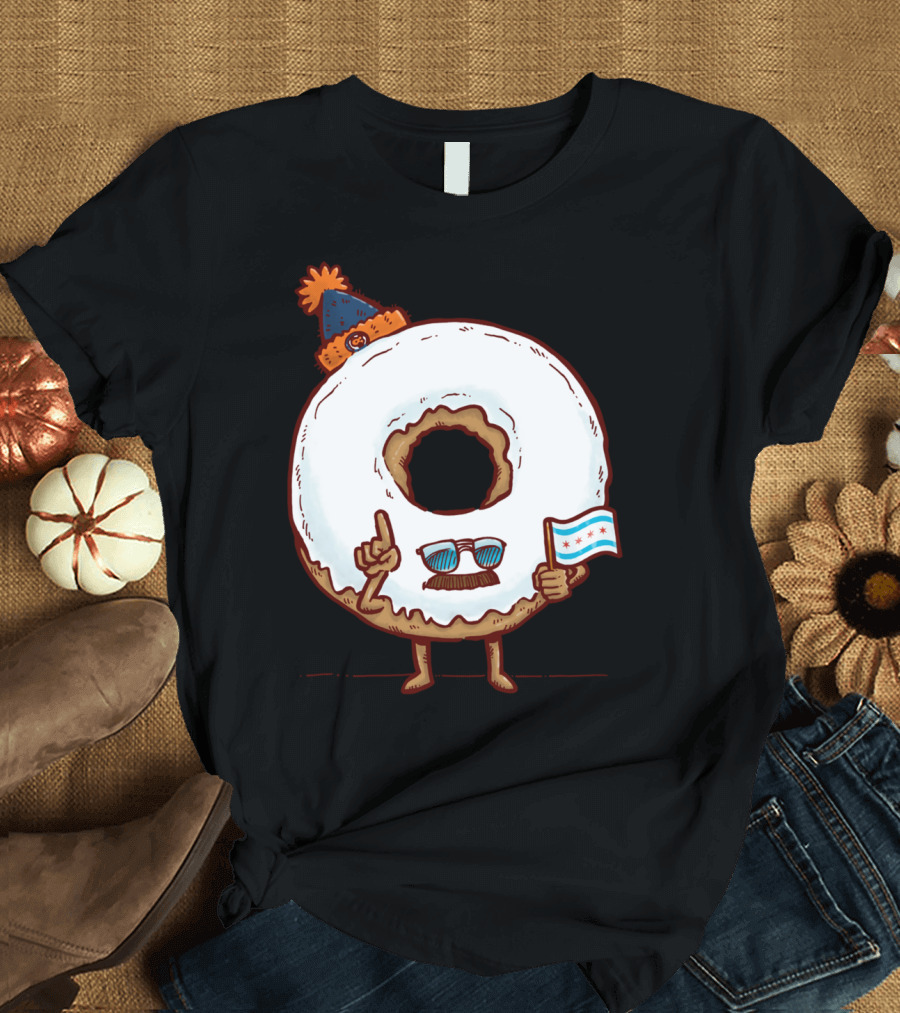 Chicago Donut with Sunglasses and Chicago Flag Beanie T-Shirt