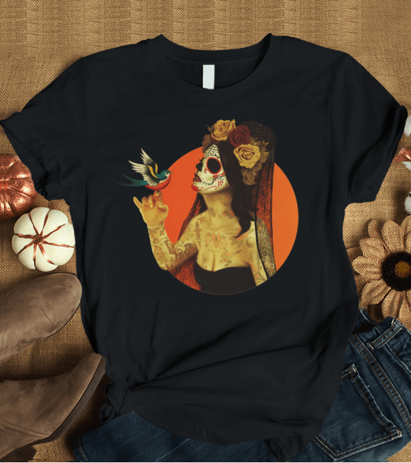 T-Shirt: Calavera Princess Dia de los Muertos Woman with Sugar Skull and Roses T-Shirt Calavera Princess Dia de los Muertos Woman with Sugar Skull and Roses T-Shirt