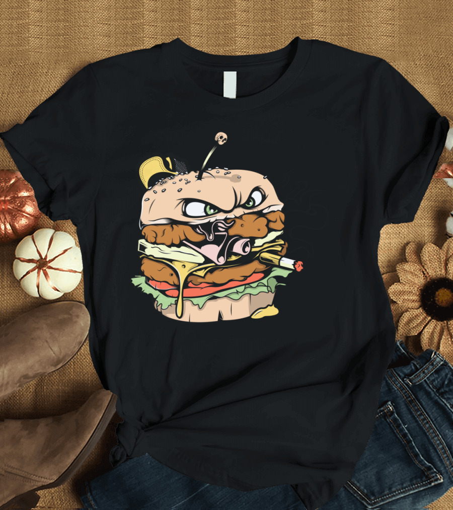 Mean Burger with Angry Face and Hat Smoking a Cigarette T-Shirt