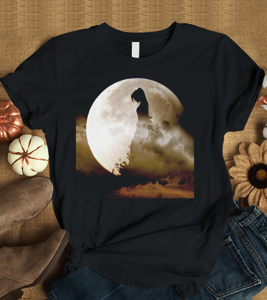 The Enigmatic Silhouette Against the Full Moon Clouded Night T-Shirt