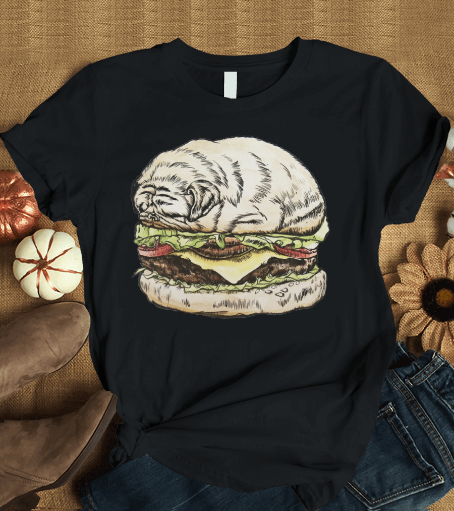Pug Burger Sleeping on Cheeseburger Bun Lettuce Tomato T-Shirt