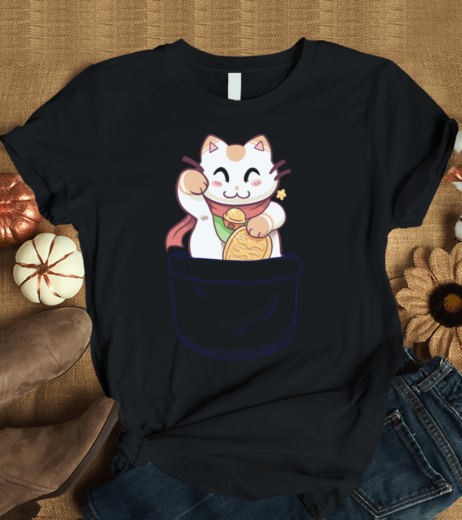 Lucky Fortune Cat in Pocket with Gold Coin T-Shirt