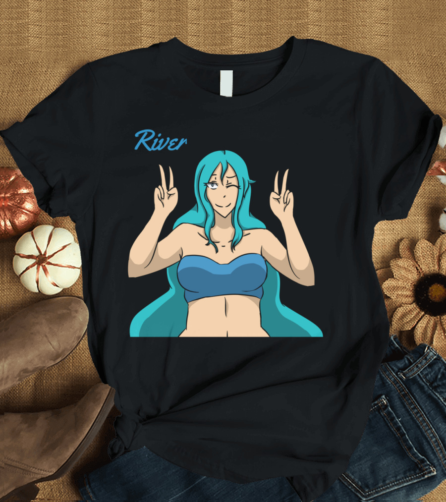 River Peace Sign Anime Character Blue Hair Winking T-Shirt