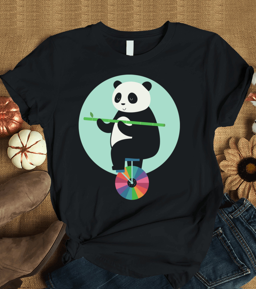 Panda Balancing on Colorful Wheel with Bamboo Learn To Balance Your Life T-Shirt