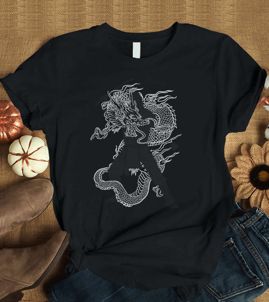 Dragon Ninja Warrior with Flaming Dragon Background T-Shirt